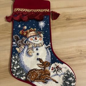 Vintage Needle Point Stocking with a Snowman and a Deer in the Snow